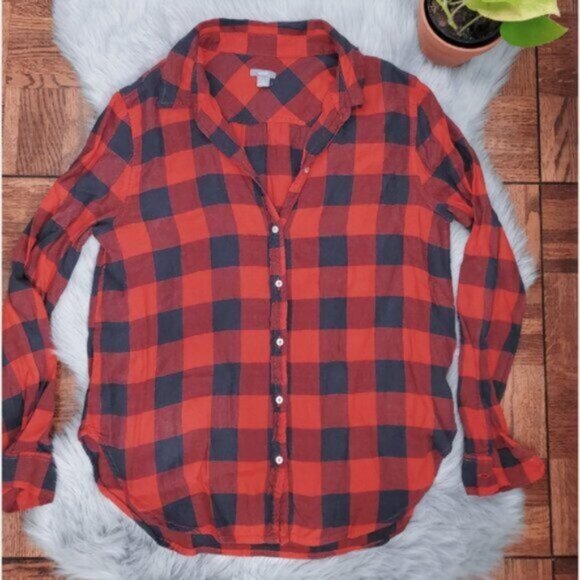 Aerie Soft Red + Black Plaid Cotton Shirt- S - Picture 16 of 16